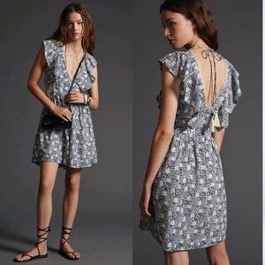 Anthropologie V-Neck Plunge Tunic Mini Dress Blue Ruffled Summer Beach Size XS